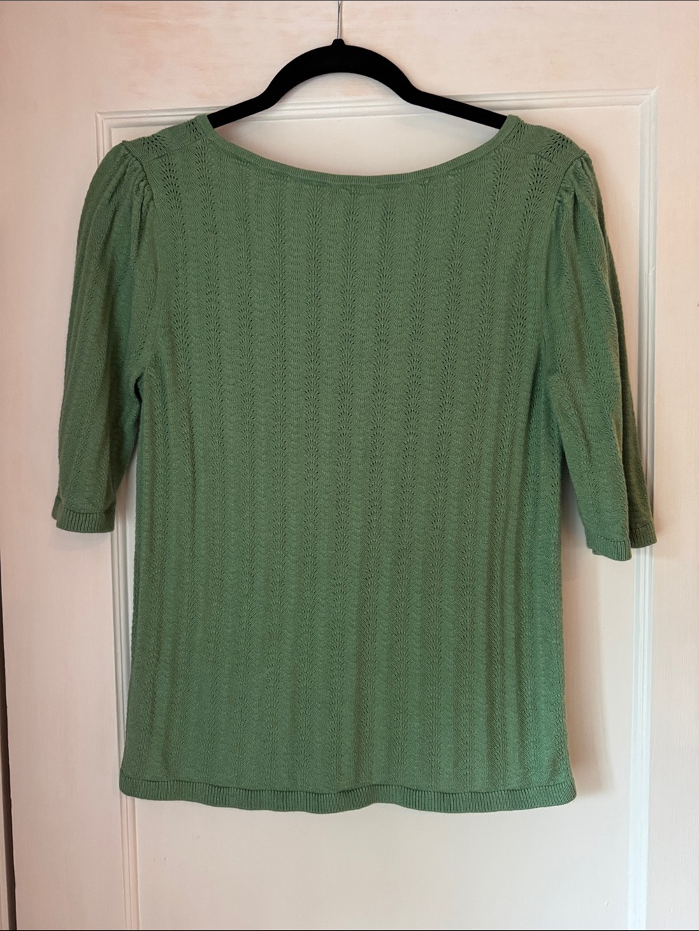 Sage Green Knit Top w Elbow length sleeves, shoulder pleats, back scoop neck